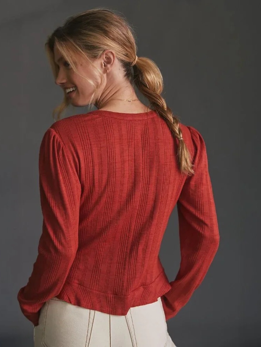 Pilcro Rust Red Button-Front Ribbed Cardigan - Picture 5 of 8